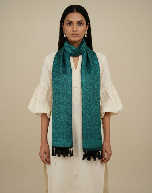 Emerald green Banarasi silk stole for women - office wear styling with kurti
