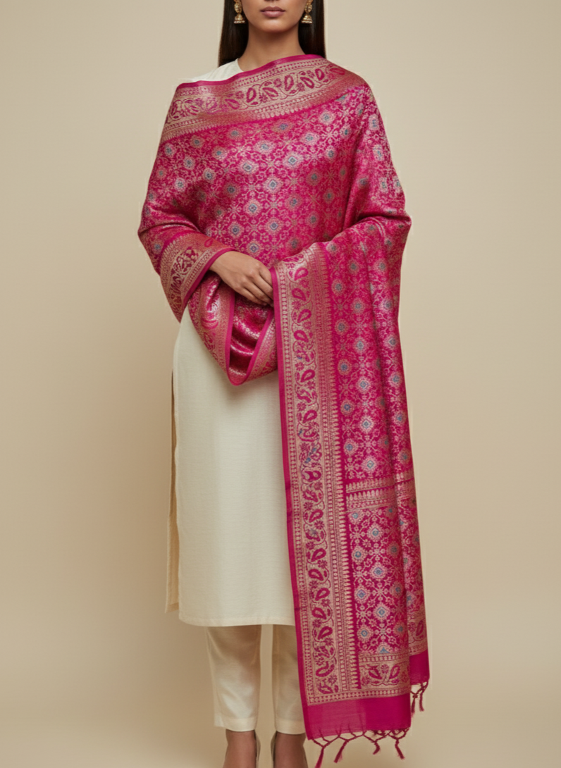 Fuchsia Banarasi silk dupatta for Navratri and festive celebrations India