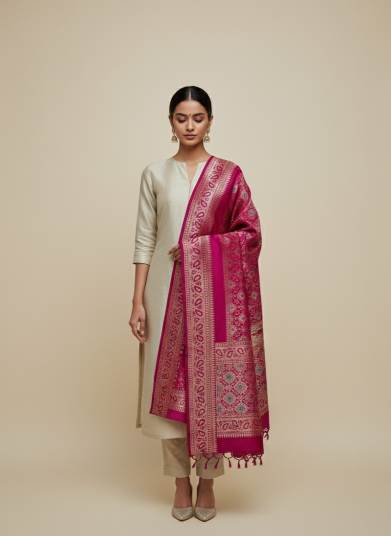 Fuchsia handwoven Banarasi dupatta gift for bride India bridal trousseau