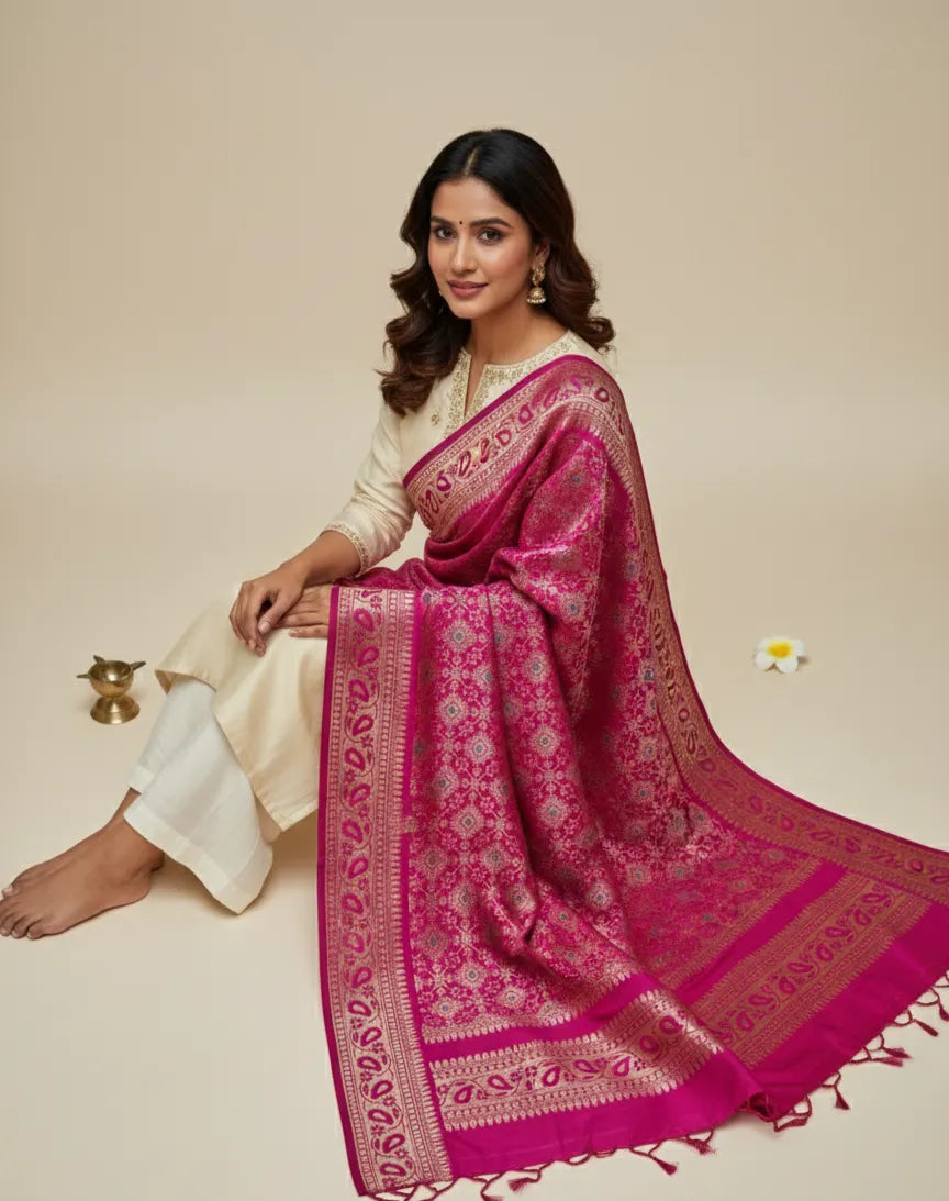 Fuchsia Pink Banarasi Pure Silk Dupatta - Bridal Mehendi & Festival