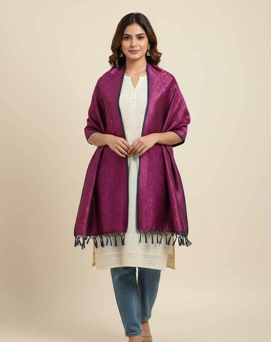 Fuchsia pink Banarasi silk stole for women - indo-western styling with jeans
