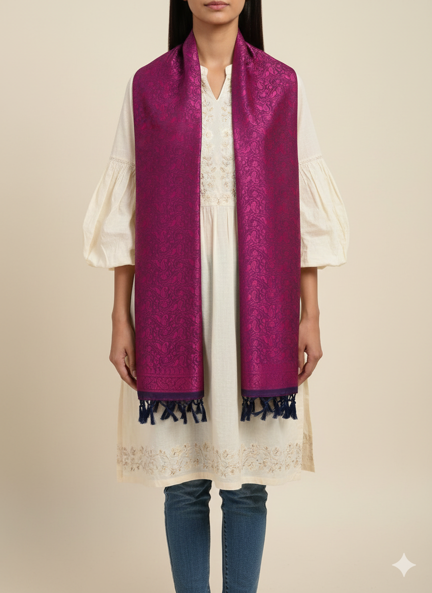 Fuchsia pink paisley silk stole for women - casual and western outfit styling
