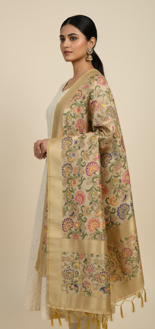 Classic Beige Banarasi Weave Silk Dupatta