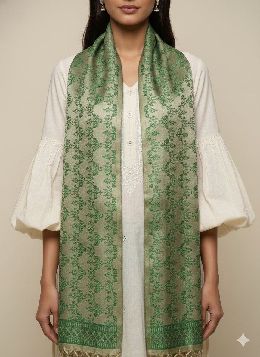 Olive Green Woven Silk Stole