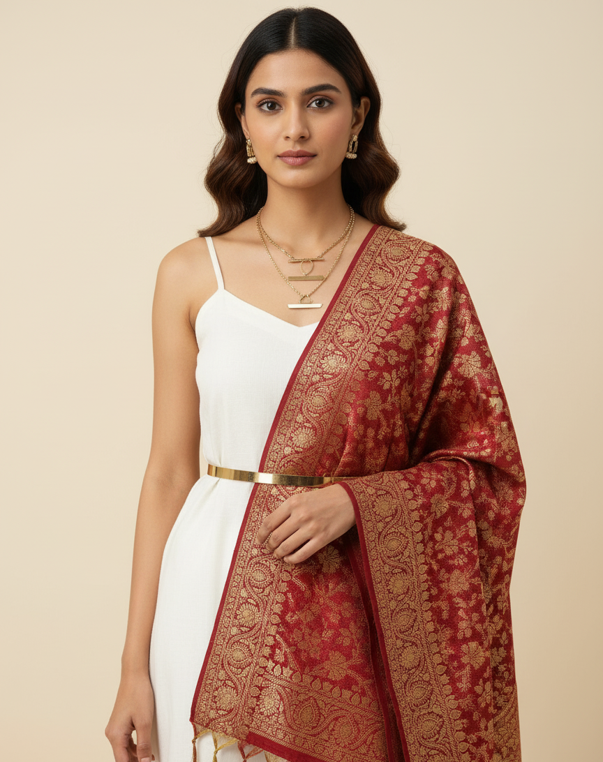 Woman wearing a red and gold patterned shawl over a white dress on a beige background