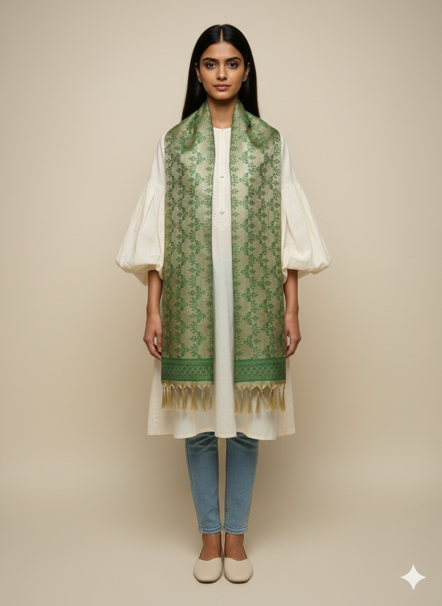 Olive Green Woven Silk Stole