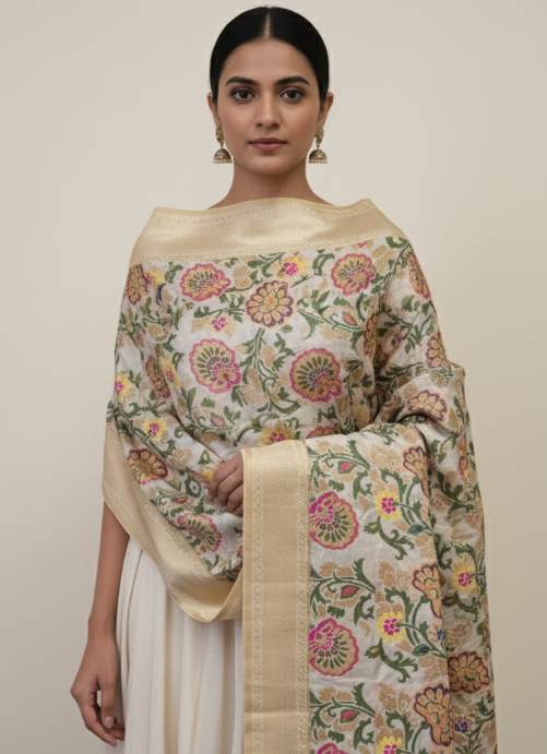 Classic Beige Banarasi Weave Silk Dupatta