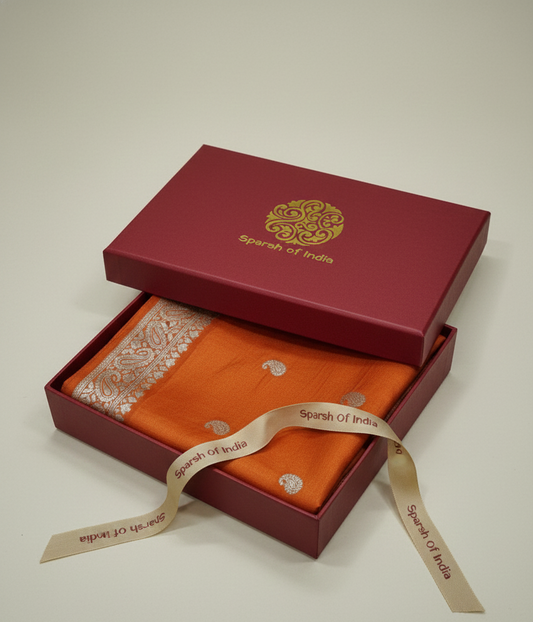 HANDLOOM Weaving 100% Pure Silk Zari Safron Banarasi Stole