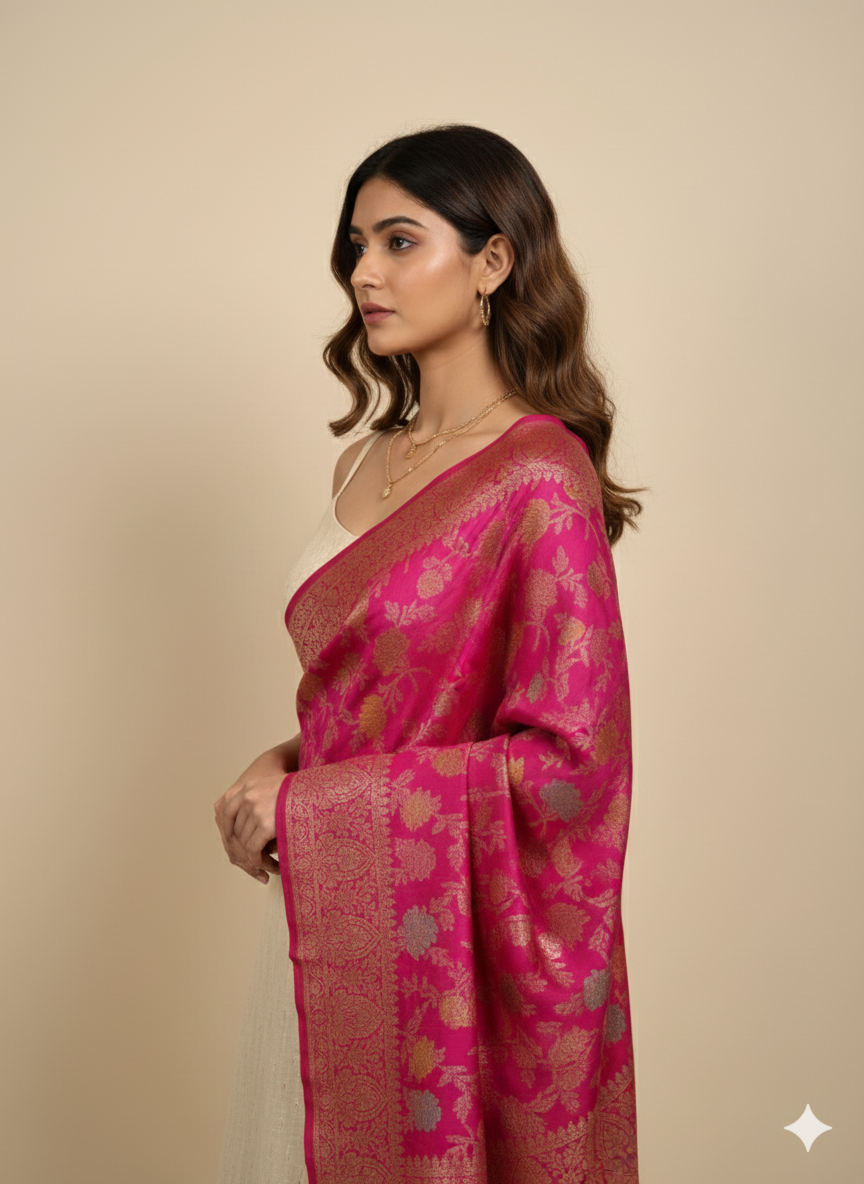 Woman wearing a pink dupatta with gold patterns on a beige background
