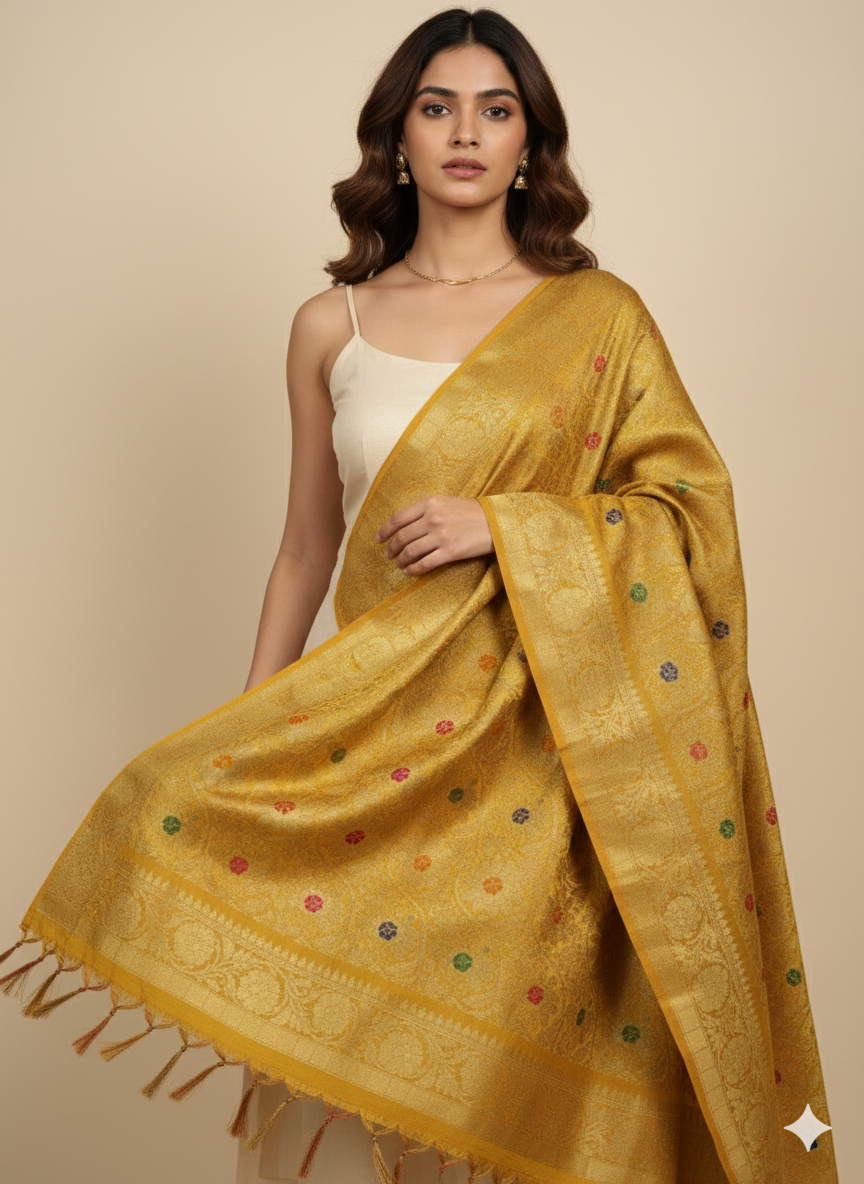 Woman wearing a yellow dupatta with a beige =kurta