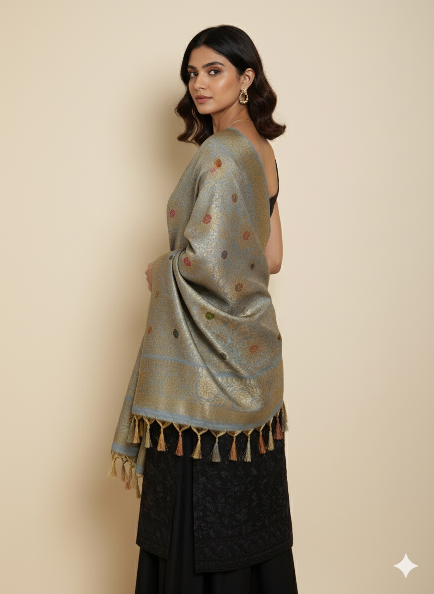 Woman wearing a patterned shawl with tassels on a beige background