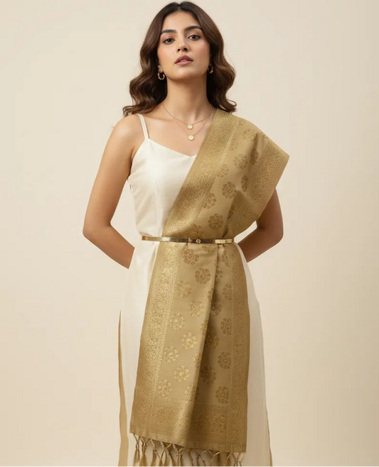 Golden Banarasi silk dupatta with zari work worn over white dress
