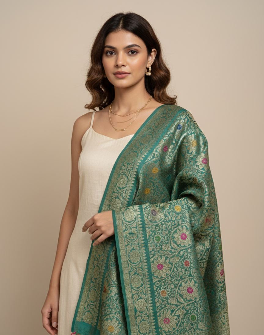 Green Banarasi silk dupatta for wedding and festive occasions