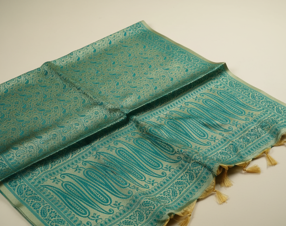 Handwoven green Banarasi silk stole for men ethnic wear for puja India
