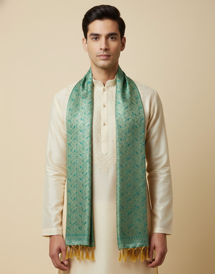 Green Banarasi silk stole for men - festive kurta stole handwoven in Kashi Banaras
