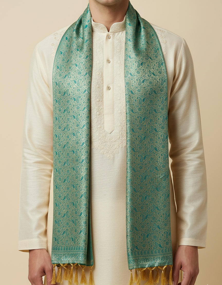 Green Banarasi weave silk stole styled with kurta for wedding and Navratri
