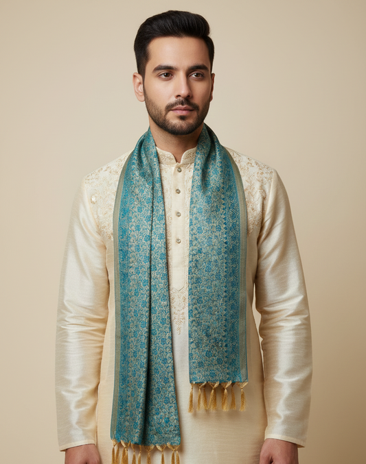 Green Banarasi weave silk stole for men - festive kurta stole handwoven in Kashi Banaras
