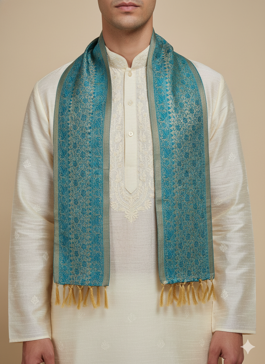 Green Banarasi weave silk stole styled with kurta for wedding and Navratri
