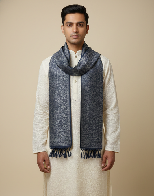 Grey Banarasi silk stole for men - festive kurta stole handwoven in Kashi Banaras

