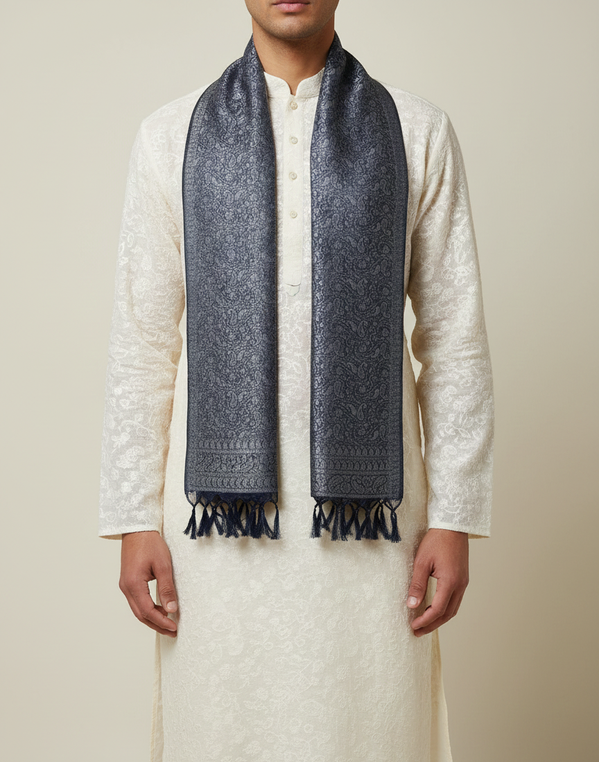 Grey Banarasi weave silk stole styled with kurta for wedding and Navratri

