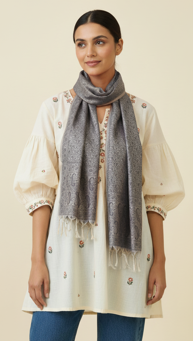 Grey mist feather silk stole for office wear  subtle silk wrap for women