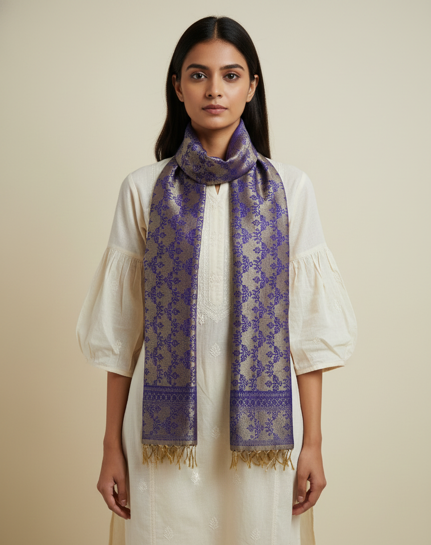 Grey violet Banarasi silk stole for women - office wear styling with kurti
