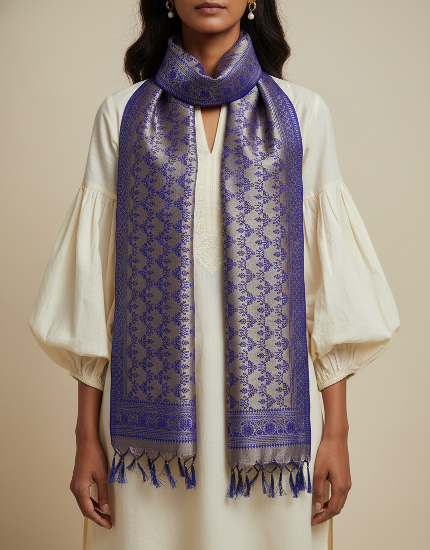 Grey violet Banarasi weave silk stole for women - tunic and daily wear

