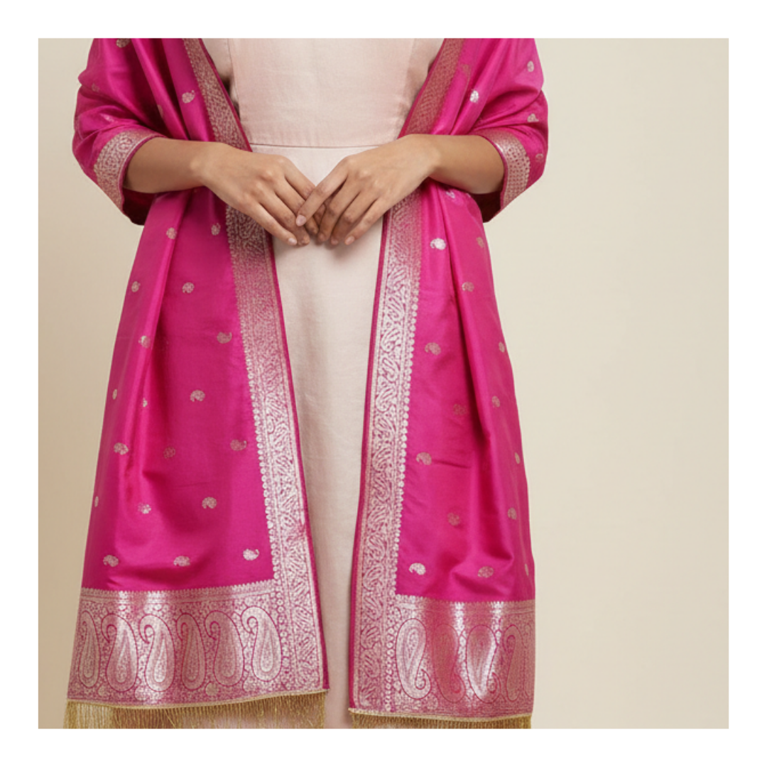 Handloom Banarasi silk stole texture with intricate zari weaving pattern
