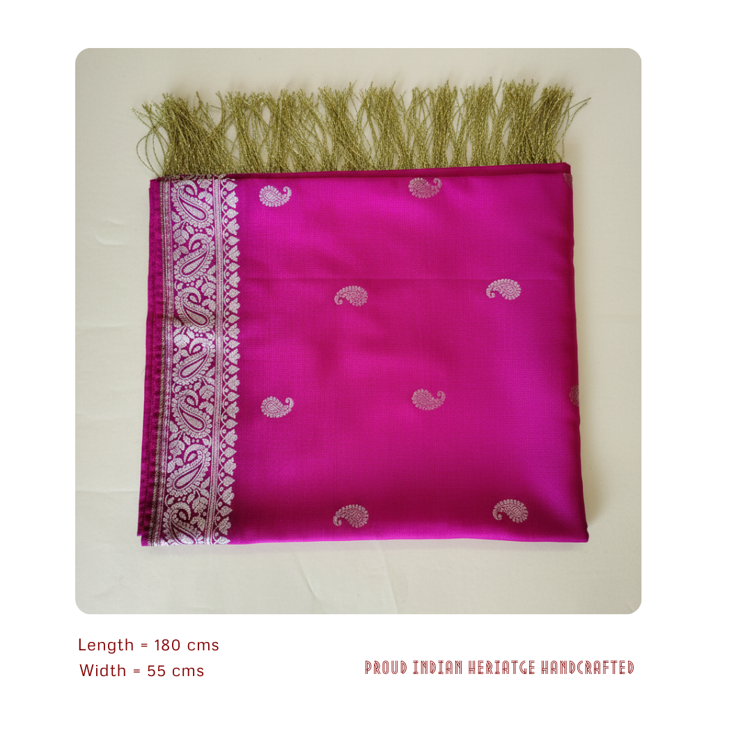 Traditional Banarasi zari detailing on pink silk stole close-up
