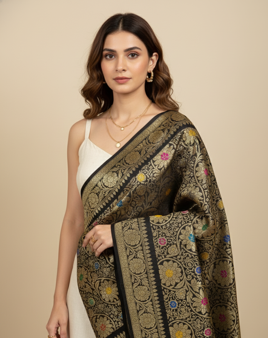 Handwoven  Black Banarasi silk dupatta with zari work