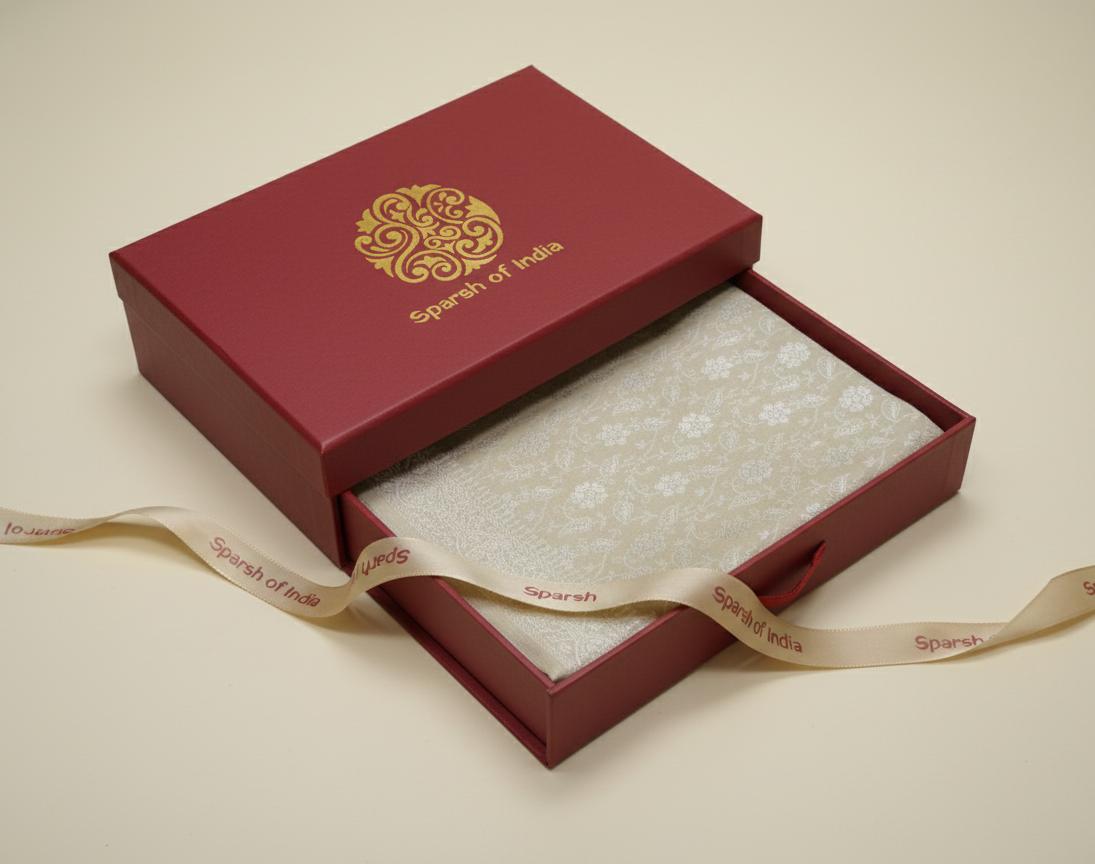 Handwoven cream Banarasi silk stole - premium corporate gift for women India

