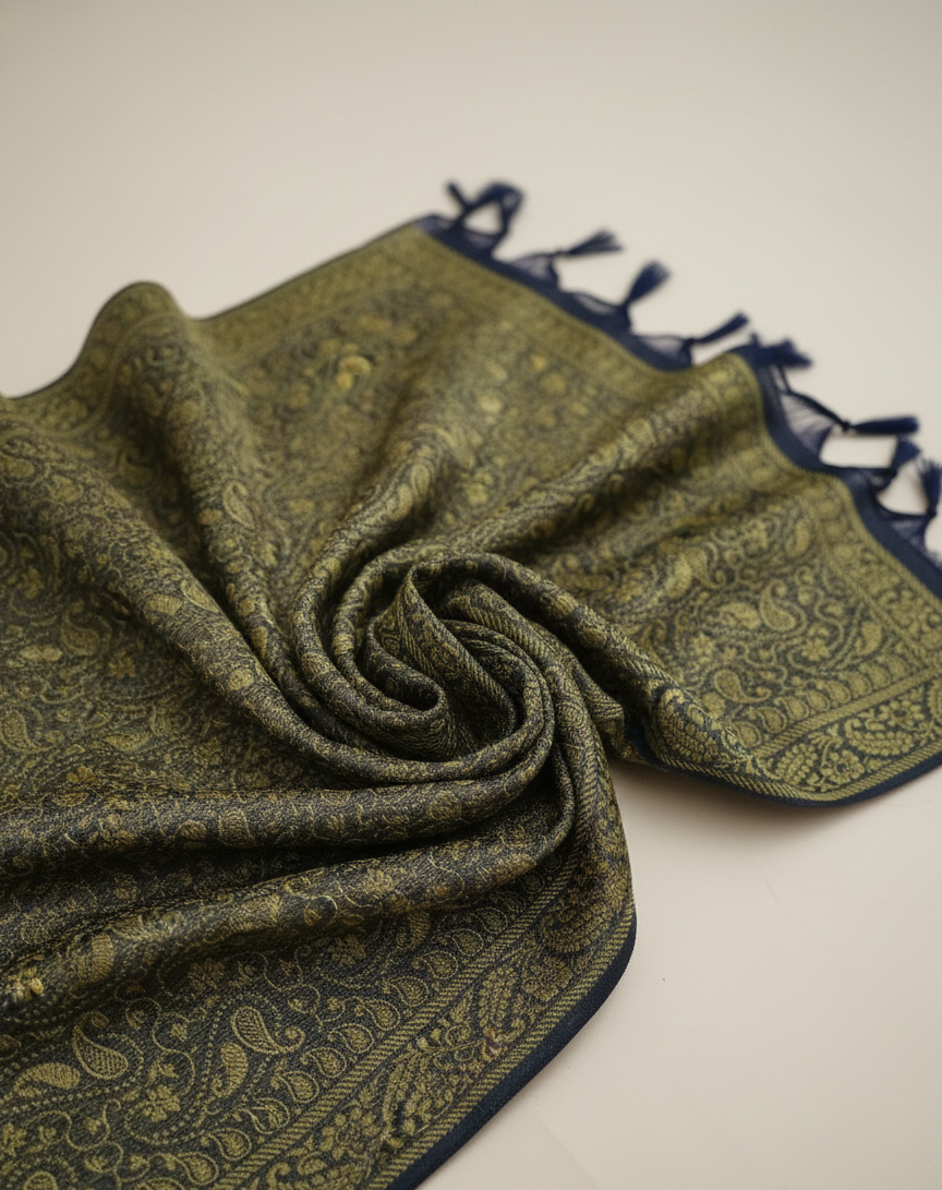 Handwoven olive green Banarasi silk stole for men - ethnic wear for puja India

