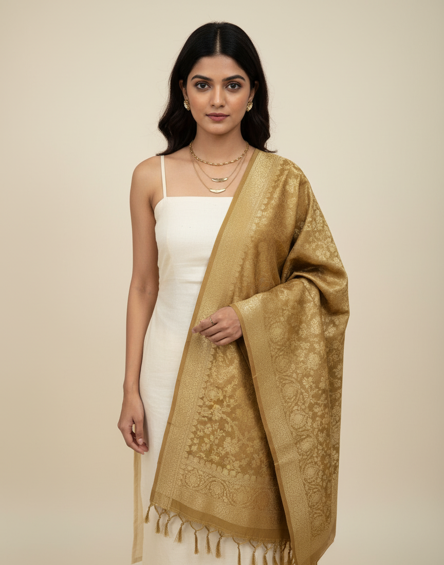 Handwoven pearl aura Banarasi dupatta - elegant neutral silk dupatta for office wear