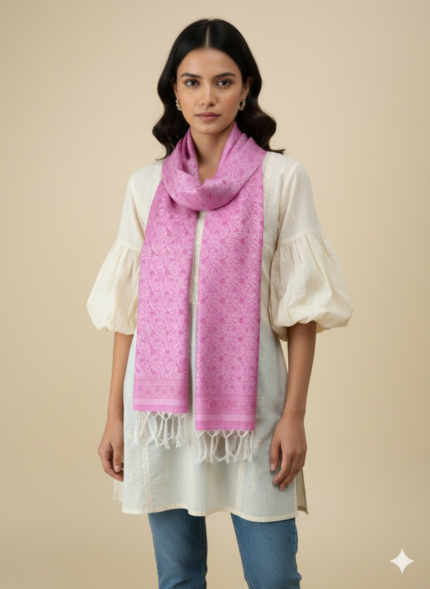 Woman wearing a pink scarf and white top on a beige background