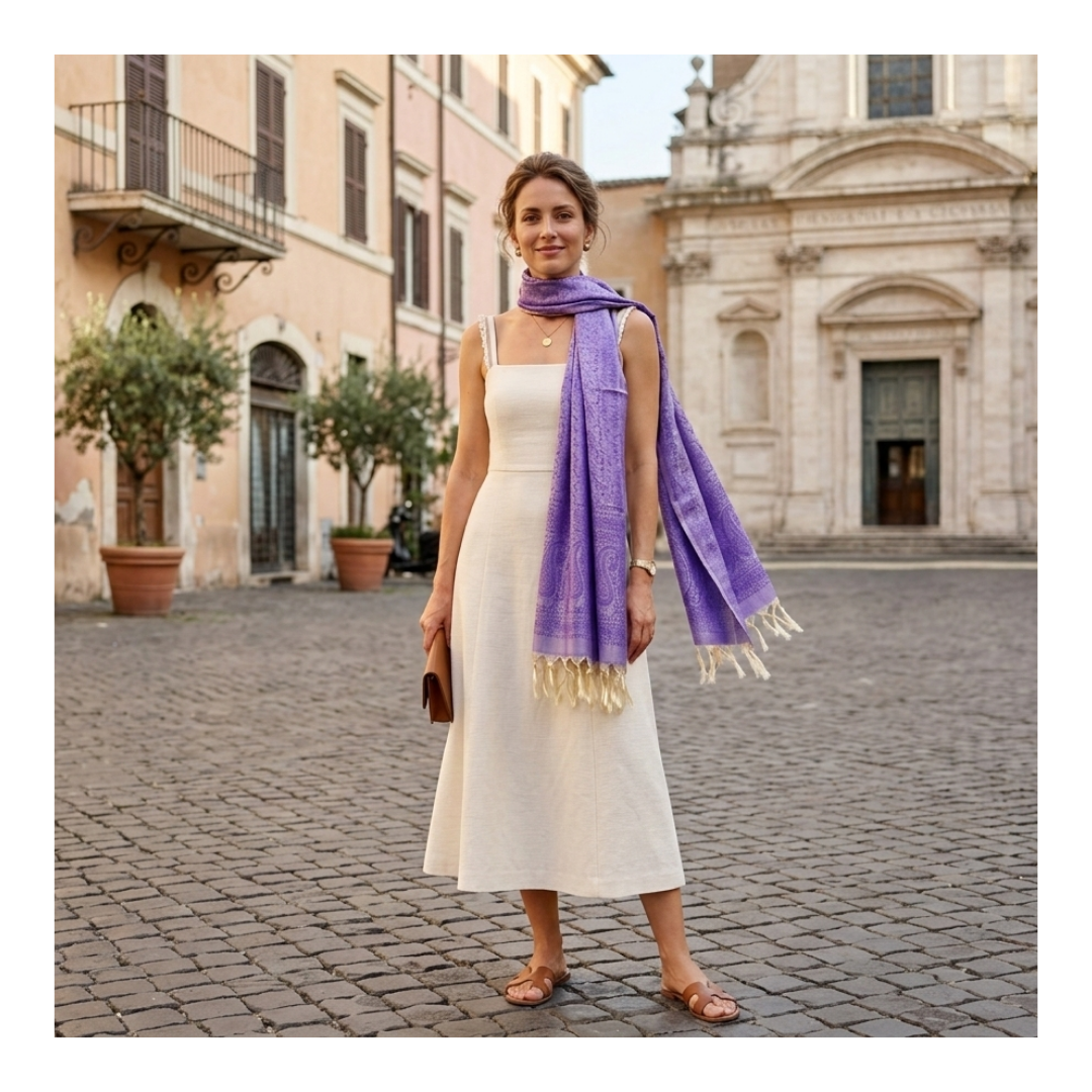 Lavender Banarasi pure silk stole on model - cultural gift from India for foreign delegates
