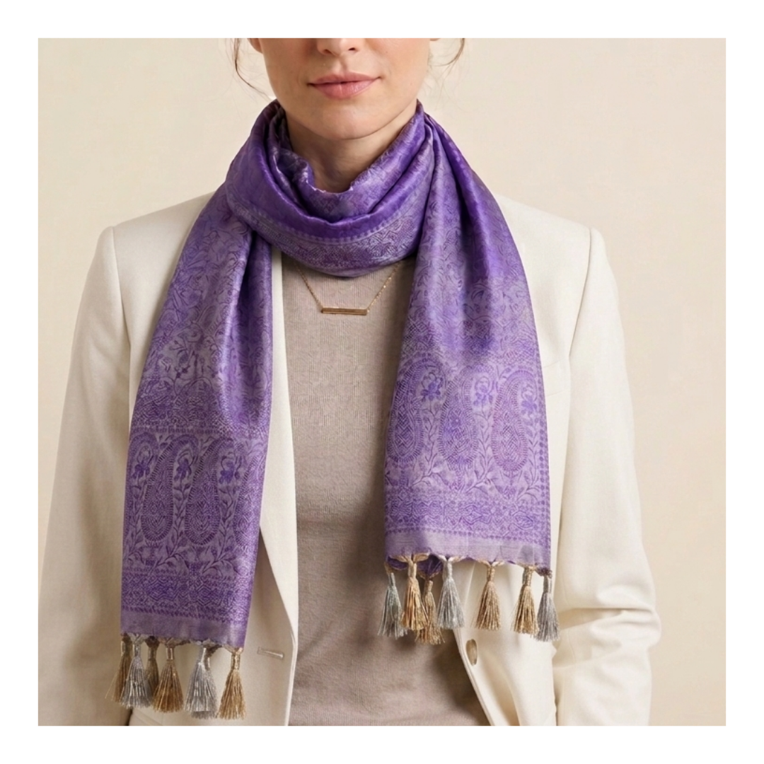 Lavender Banarasi silk stole on model zoom - meaningful NRI gift for someone going abroad
