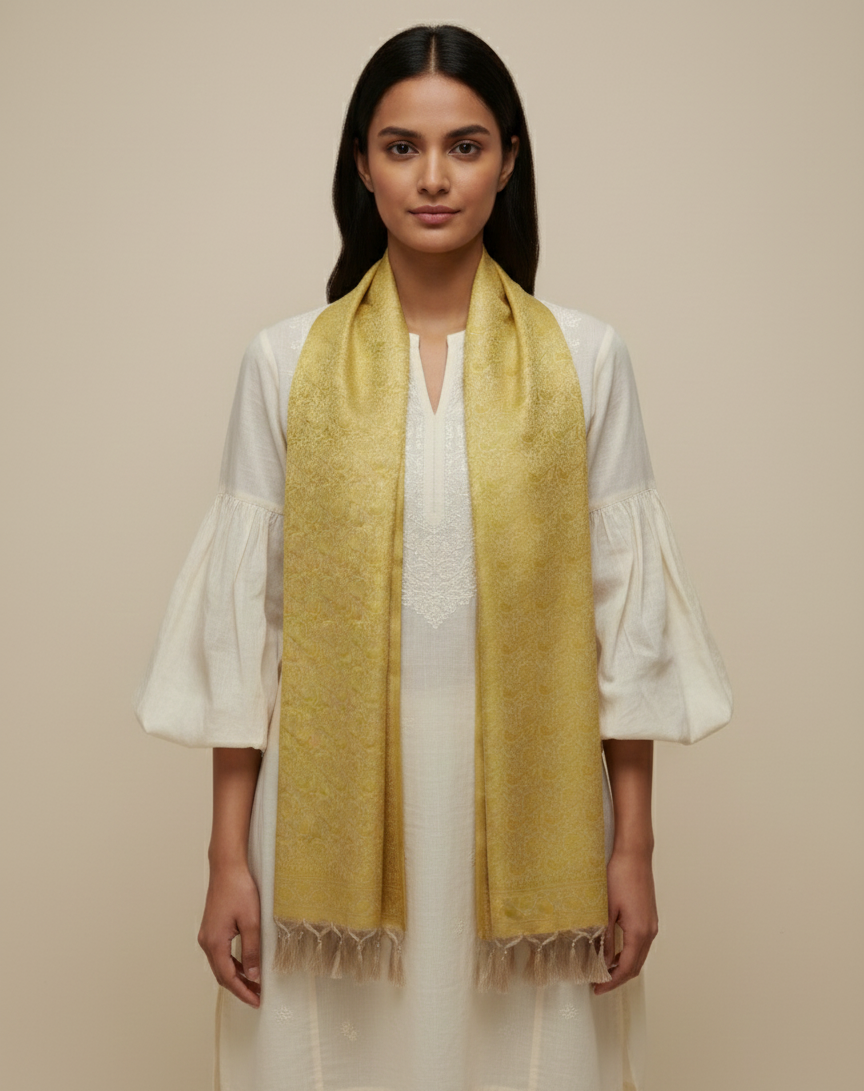 Lemon yellow Banarasi silk stole for women - daily wear styling with kurti
