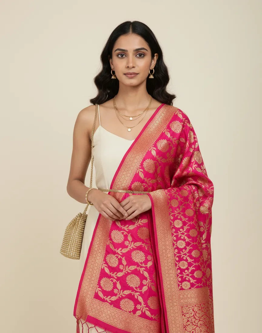 Magenta Banarasi pure silk dupatta - bridal sangeet dupatta handwoven in Kashi Banaras

