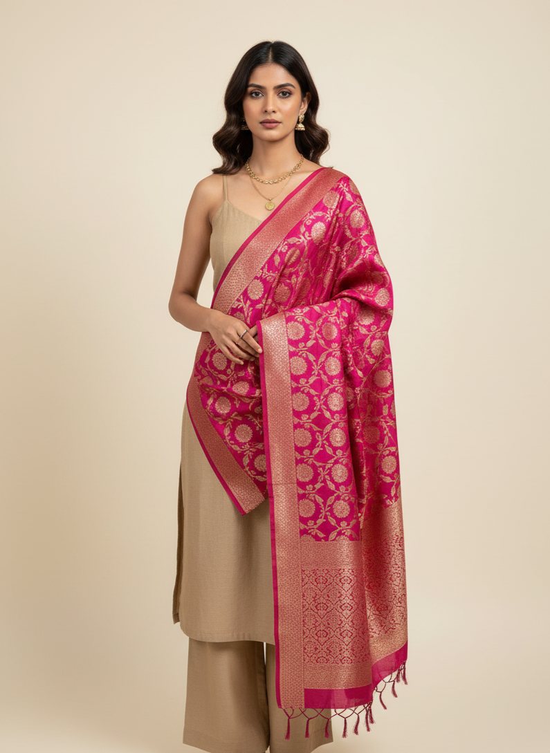 Magenta Banarasi silk dupatta for Navratri and festive celebrations India
