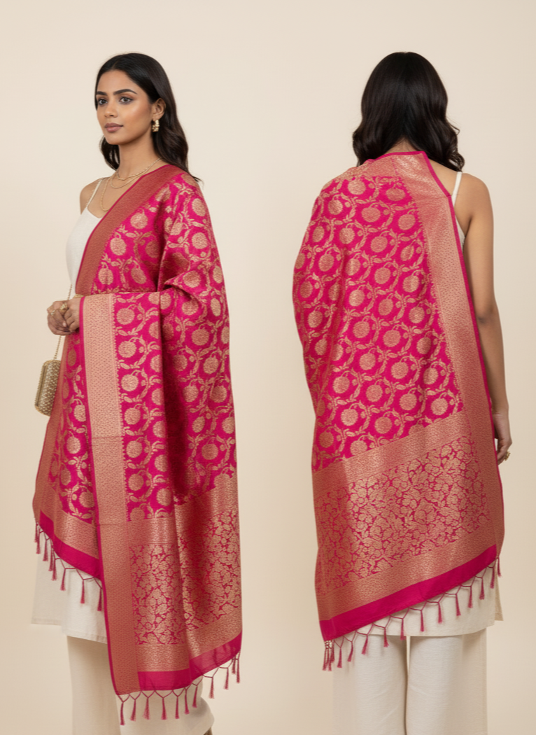 Magenta handwoven Banarasi dupatta - gift for bride India bridal trousseau
