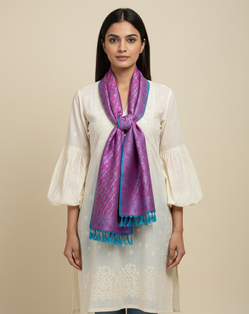 Magenta pink Banarasi silk stole for women - indo-western styling with jeans
