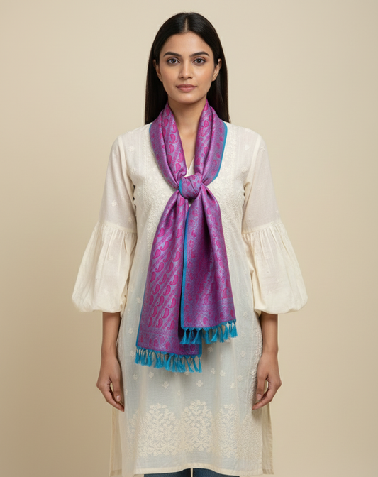 Magenta pink Banarasi silk stole for women - indo-western styling with jeans
