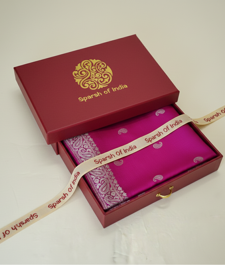 Magenta pink Banarasi silk stole with gold zari detailing handwoven in Banaras
