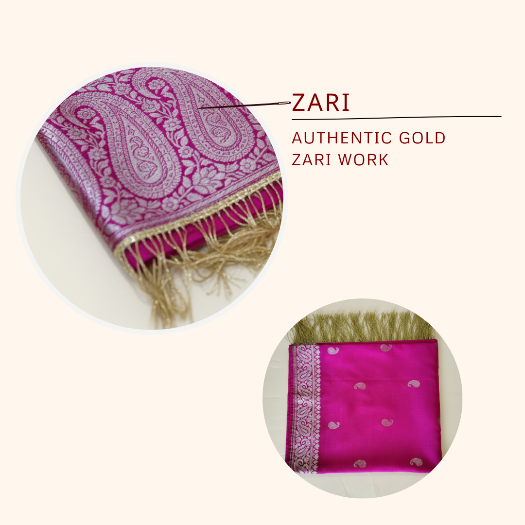 Magenta pink Banarasi silk stole worn - artisanal handwoven design
