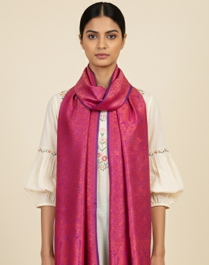 Magenta pink feather silk stole for office wear bold silk wrap for women