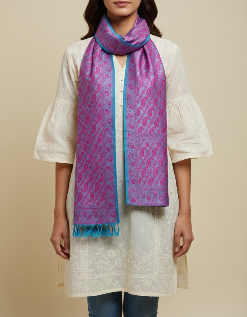 Magenta pink woven silk stole for women - casual and western outfit styling
