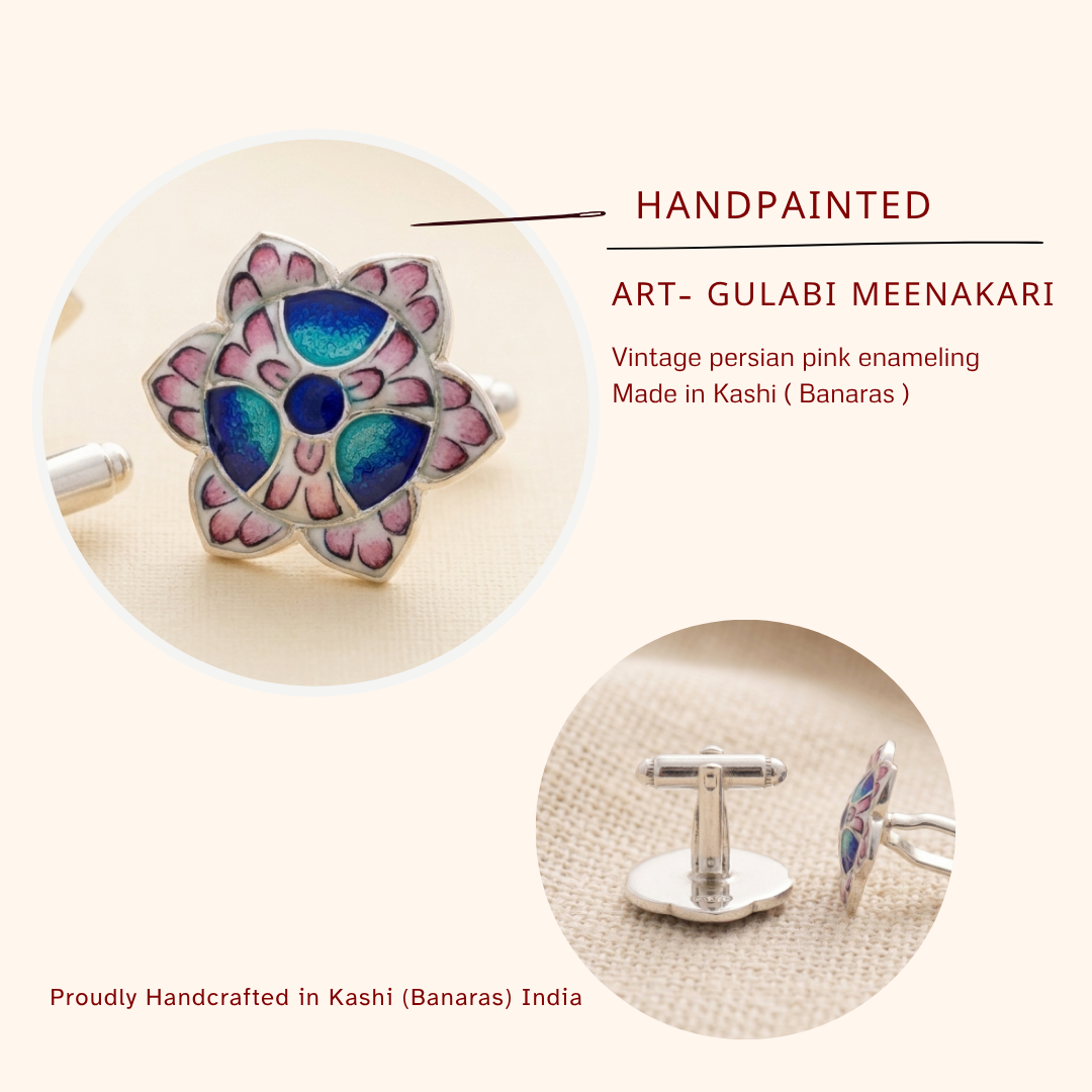 Man wearing pure silver Gulabi Meenakari cufflinks unique luxury silver gift for anniversary and wedding