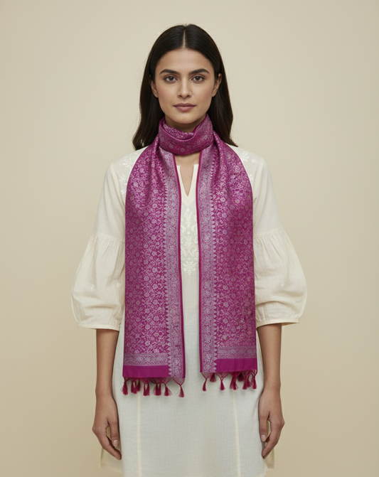 Mauve pink Banarasi silk stole for women daily wear styling with kurti

