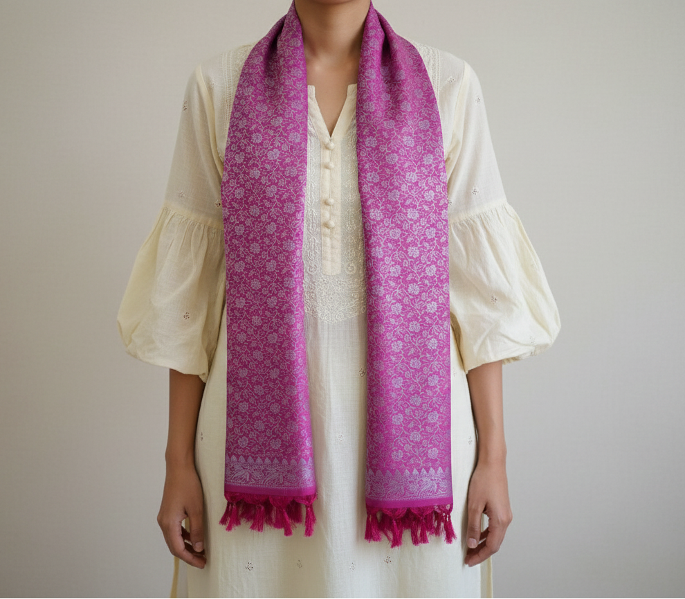 Mauve pink Banarasi weave silk stole for women - casual and everyday outfit
