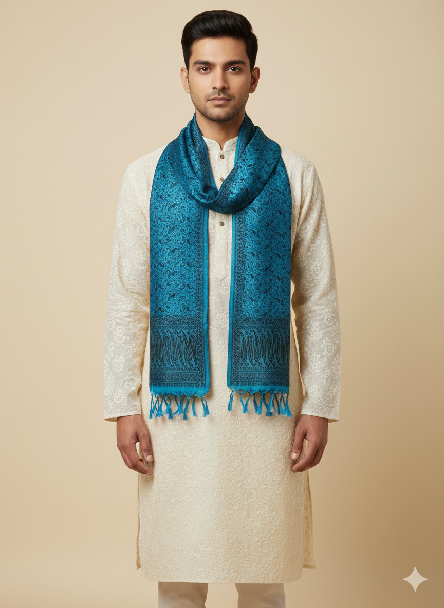 Gifts for Men | Teal Blue Banarasi Silk Weave Stole